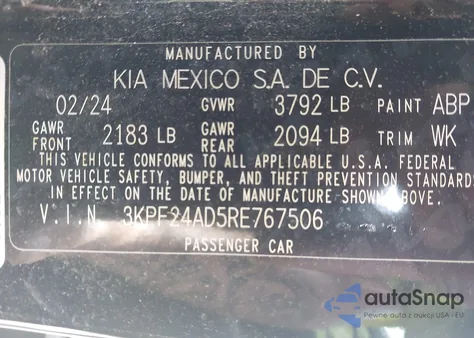 2024 Kia Forte Lx из США, поврежденный, VIN 3KPF24AD5RE767506